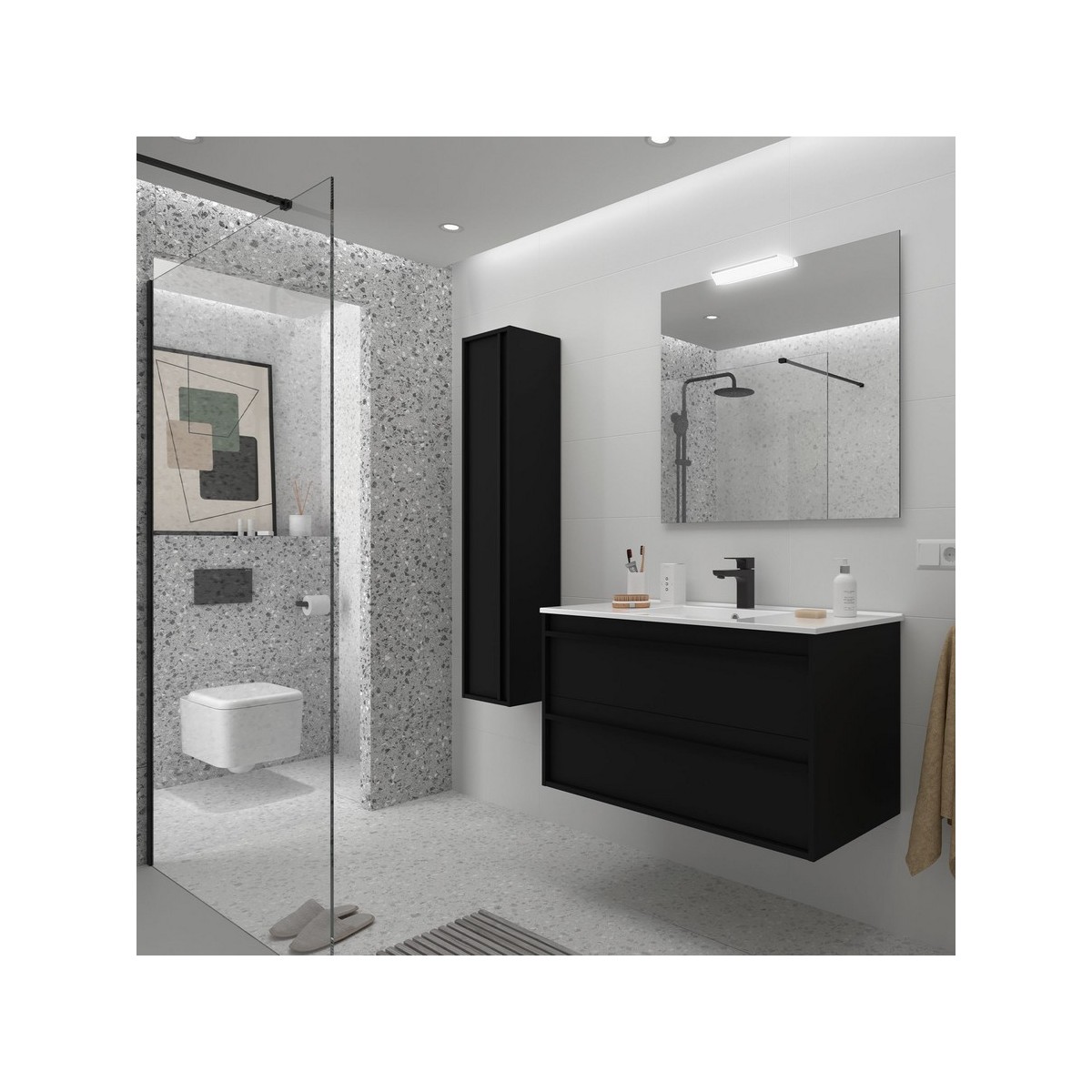 Ensemble meuble vasque salle de bain ATTILA 1000 2 tiroirs Black satin P450 - SALGAR 104724 