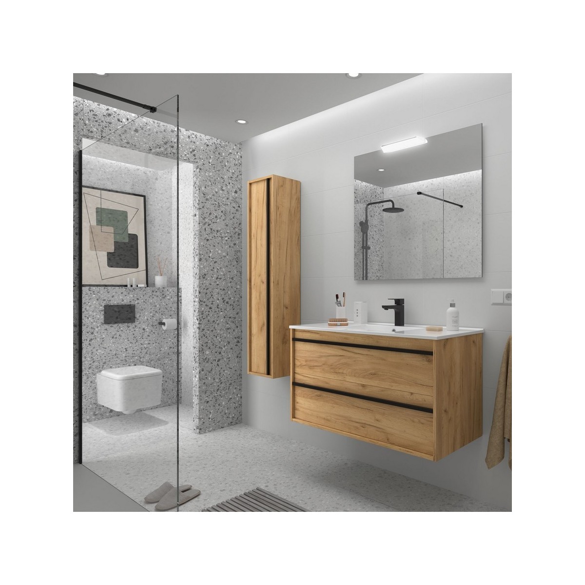 Ensemble meuble vasque salle de bain ATTILA 1000 2 tiroirs Chêne Africain P450 - SALGAR 104729 