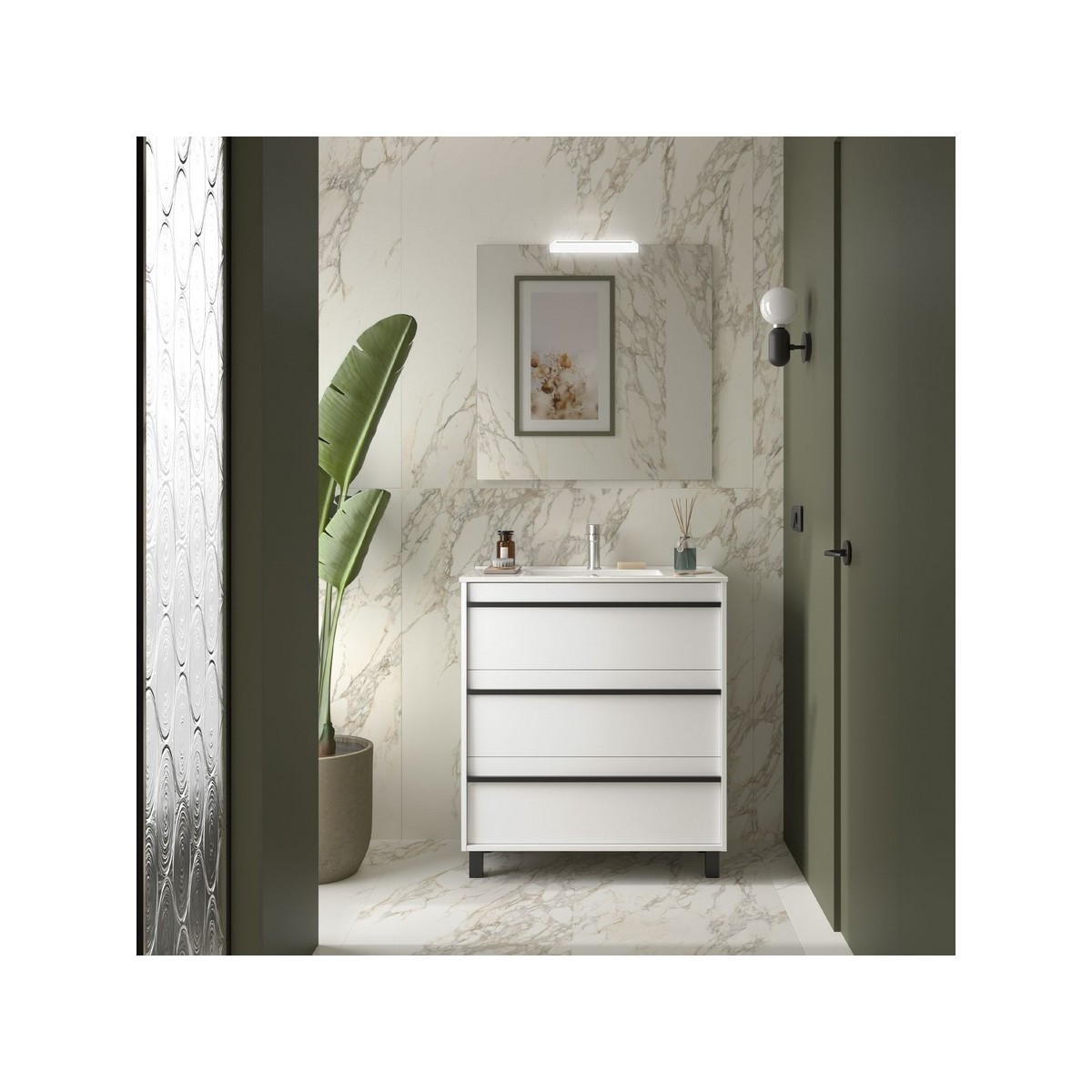 Ensemble meuble vasque salle de bain ATTILA 800 3 tiroirs Blanc satiné P450 - SALGAR 105112 