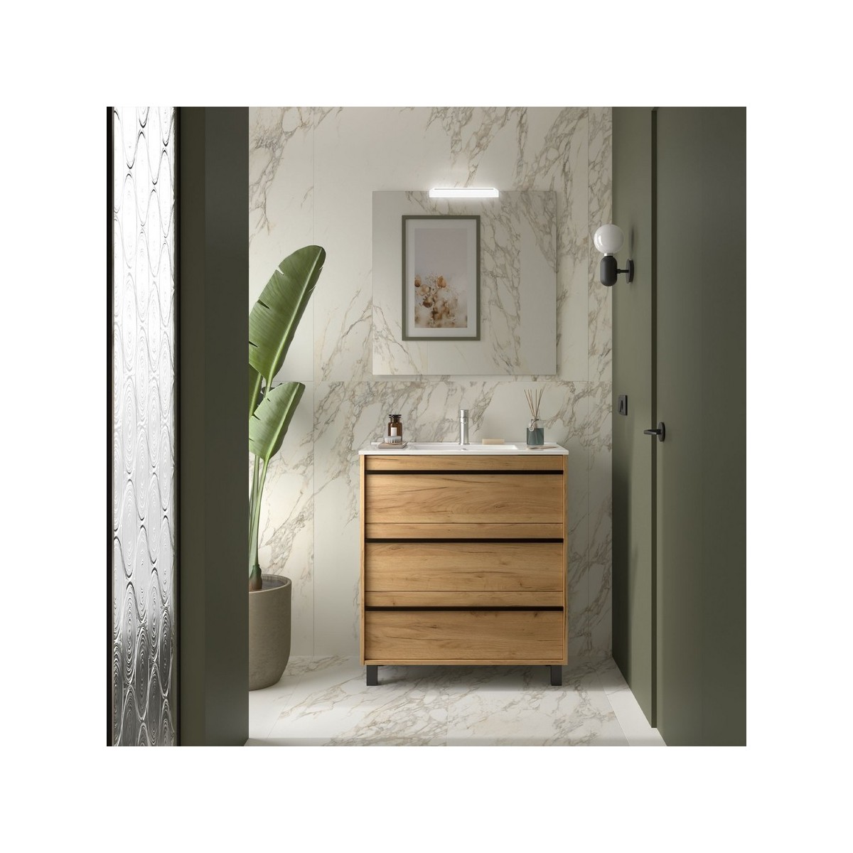 Ensemble meuble vasque salle de bain ATTILA 800 3 tiroirs Chêne Africain P450 - SALGAR 105118 