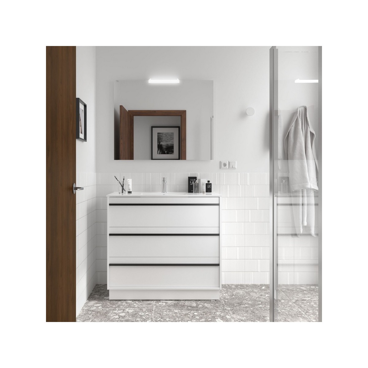 Ensemble meuble vasque salle de bain ATTILA 1000 3 tiroirs Blanc satiné P450 - SALGAR 105120 