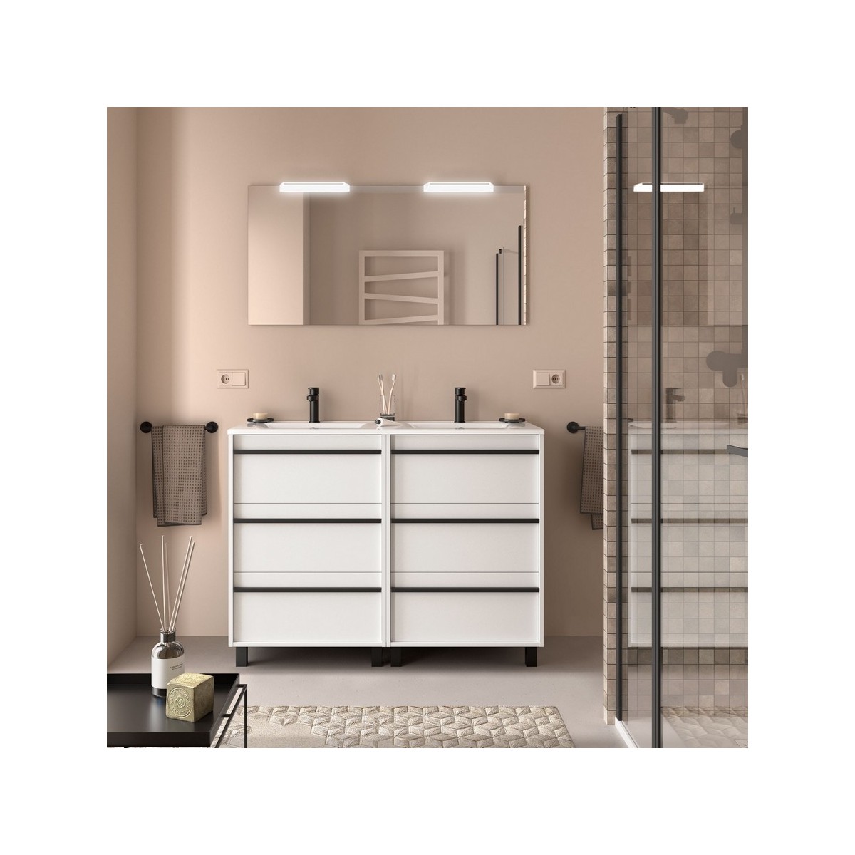 Ensemble meuble vasque salle de bain ATTILA 1200 6 tiroirs Blanc satiné P450 - SALGAR 105128 