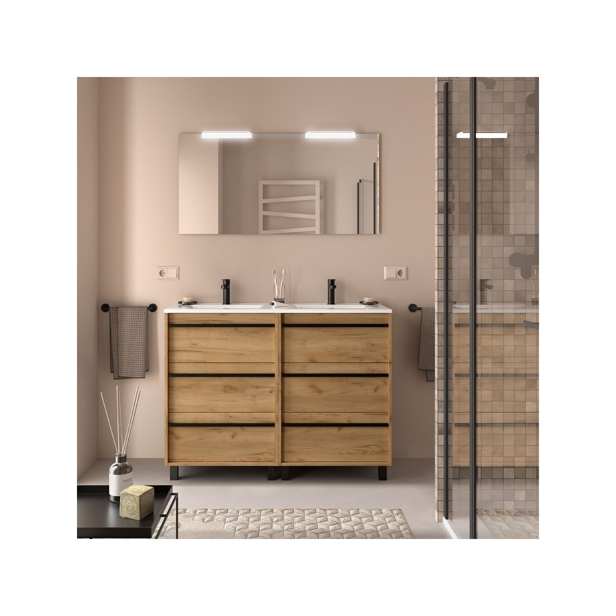 Ensemble meuble vasque salle de bain ATTILA 1200 6 tiroirs Chêne Africain P450 - SALGAR 105134 