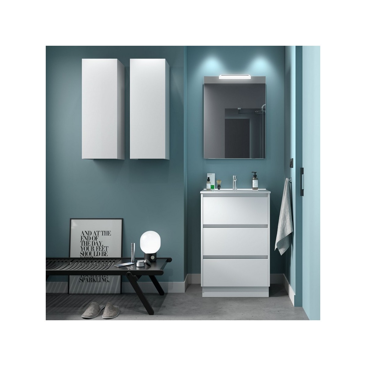 Ensemble meuble et vasque NOJA II 600 3 tiroirs Blanc satiné P450 - SALGAR 106206 