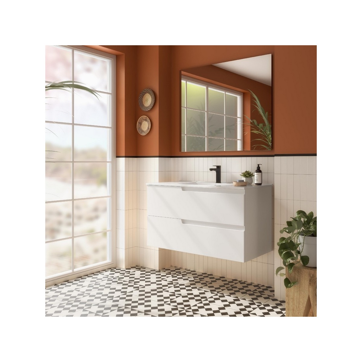 Ensemble Meuble Plan vasque et miroir VIMA 1000 2 tiroirs Blanc satiné P450 - SALGAR 111783 