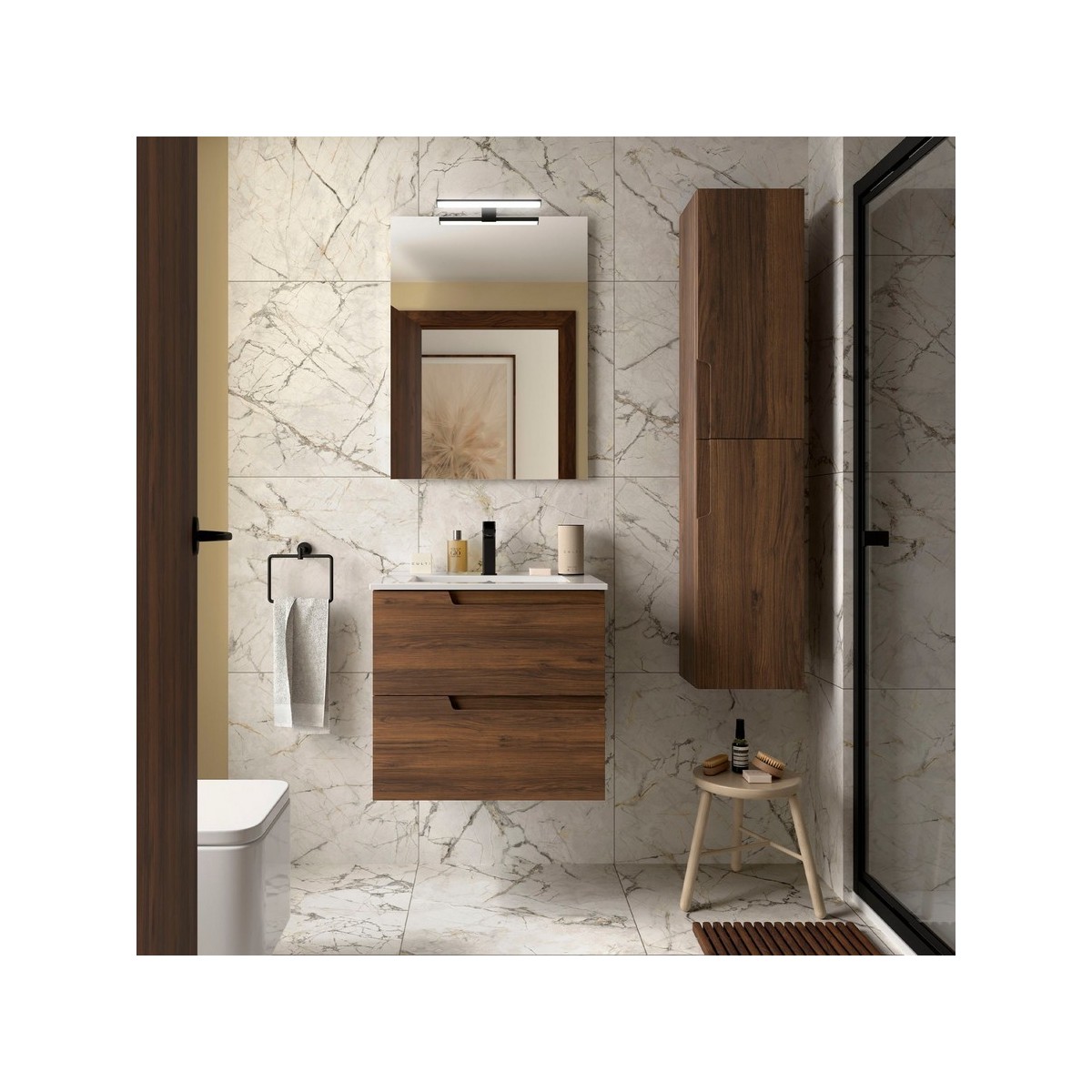 Ensemble Meuble Plan vasque et miroir VIMA 600 4 tiroirs Noyer Maya P450 - SALGAR 113491 