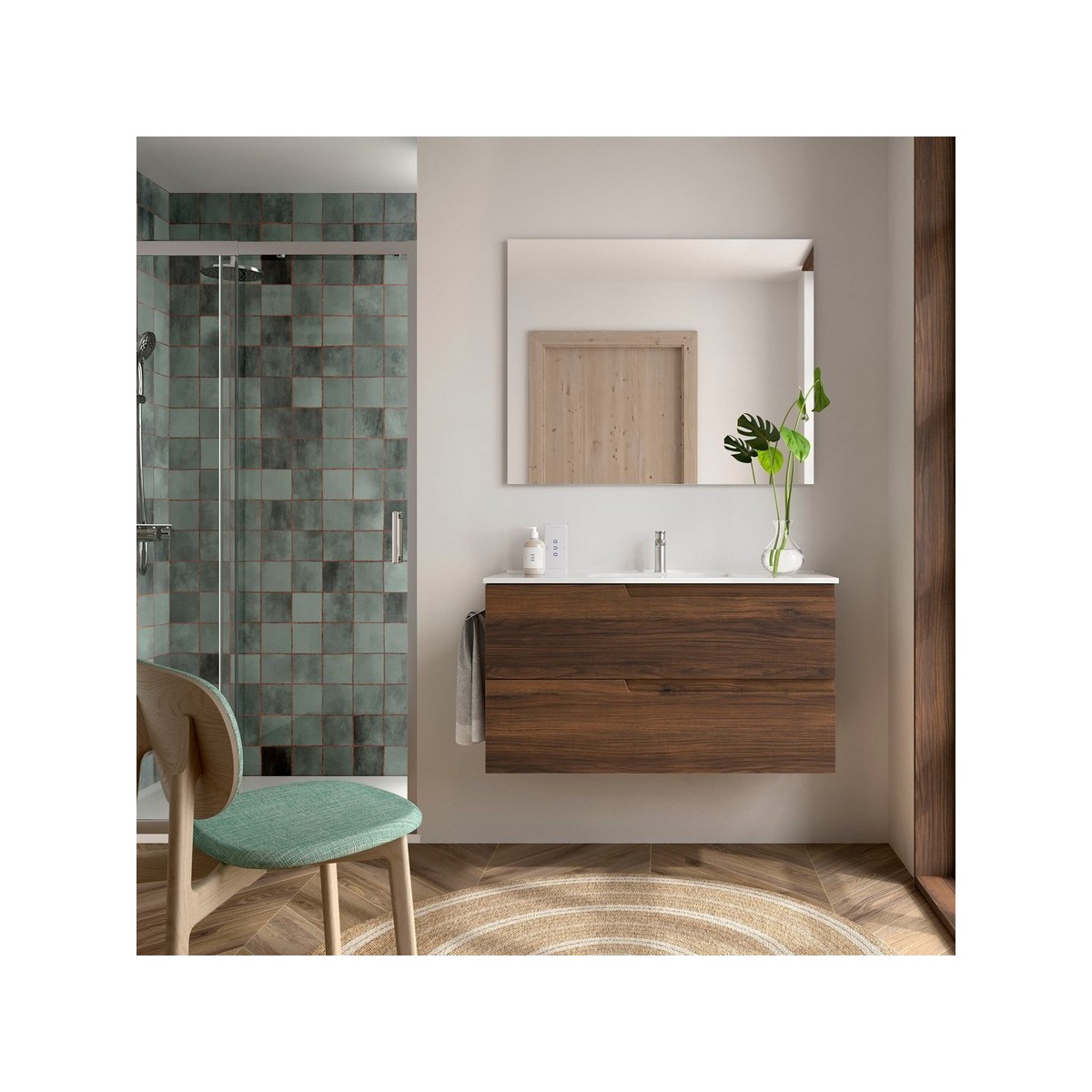 Ensemble Meuble Plan vasque et miroir VIMA 1000 2 tiroirs Noyer Maya P450 - SALGAR 113493 