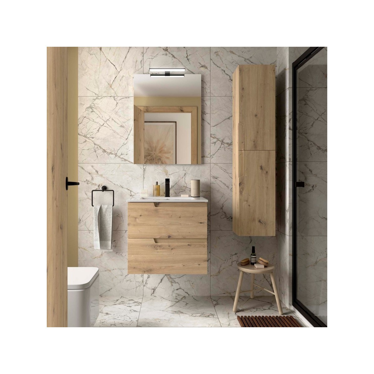 Ensemble Meuble Plan vasque et miroir VIMA 600 2 tiroirs Chêne Montana P450 - SALGAR 117944 