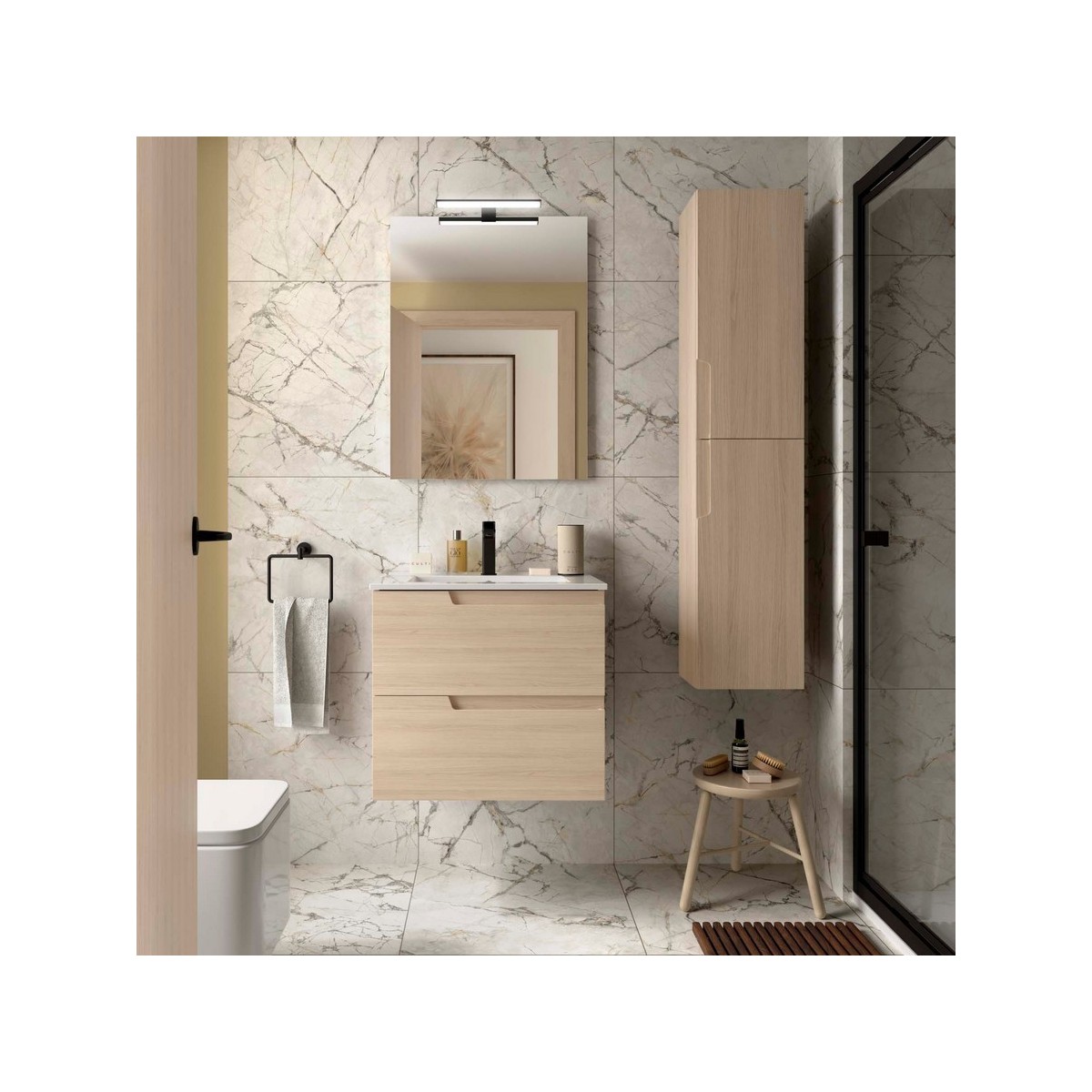 Ensemble Meuble Plan vasque et miroir VIMA 600 2 tiroirs Chêne Sienna P450 - SALGAR 117956 