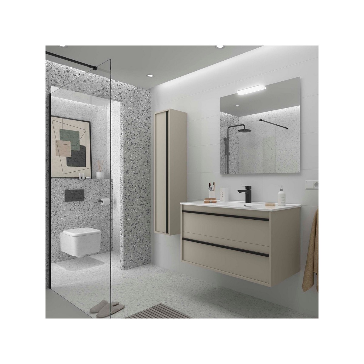 Ensemble meuble vasque salle de bain ATTILA 1000 2 tiroirs Gris satiné P450 - SALGAR 117986 