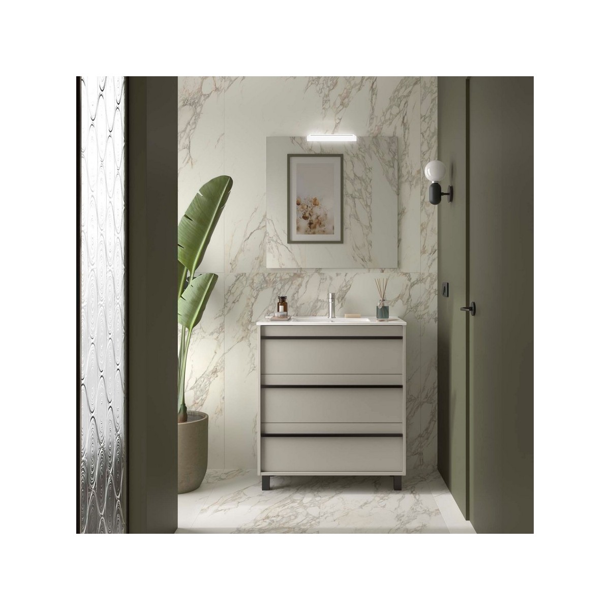 Ensemble Meuble Plan Vasque Miroir Applique ATTILA 800 3 tiroirs Gris satiné P450 - SALGAR 118006 
