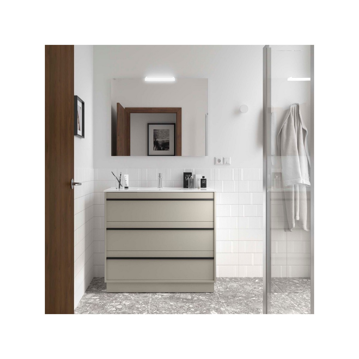 Ensemble Meuble Plan Vasque Miroir Applique ATTILA 1000 3 tiroirs Gris satiné P450 - SALGAR 118007 
