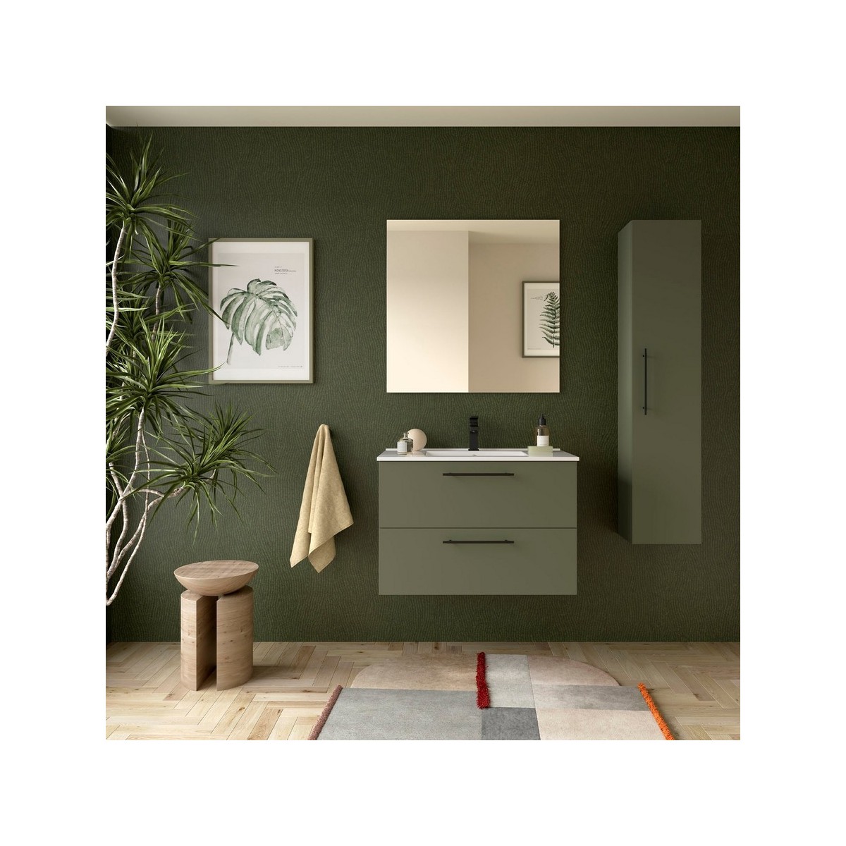Ensemble Meuble Plan vasque et miroir SILANE 800 2 tiroirs Green satin P450 - SALGAR 118029 