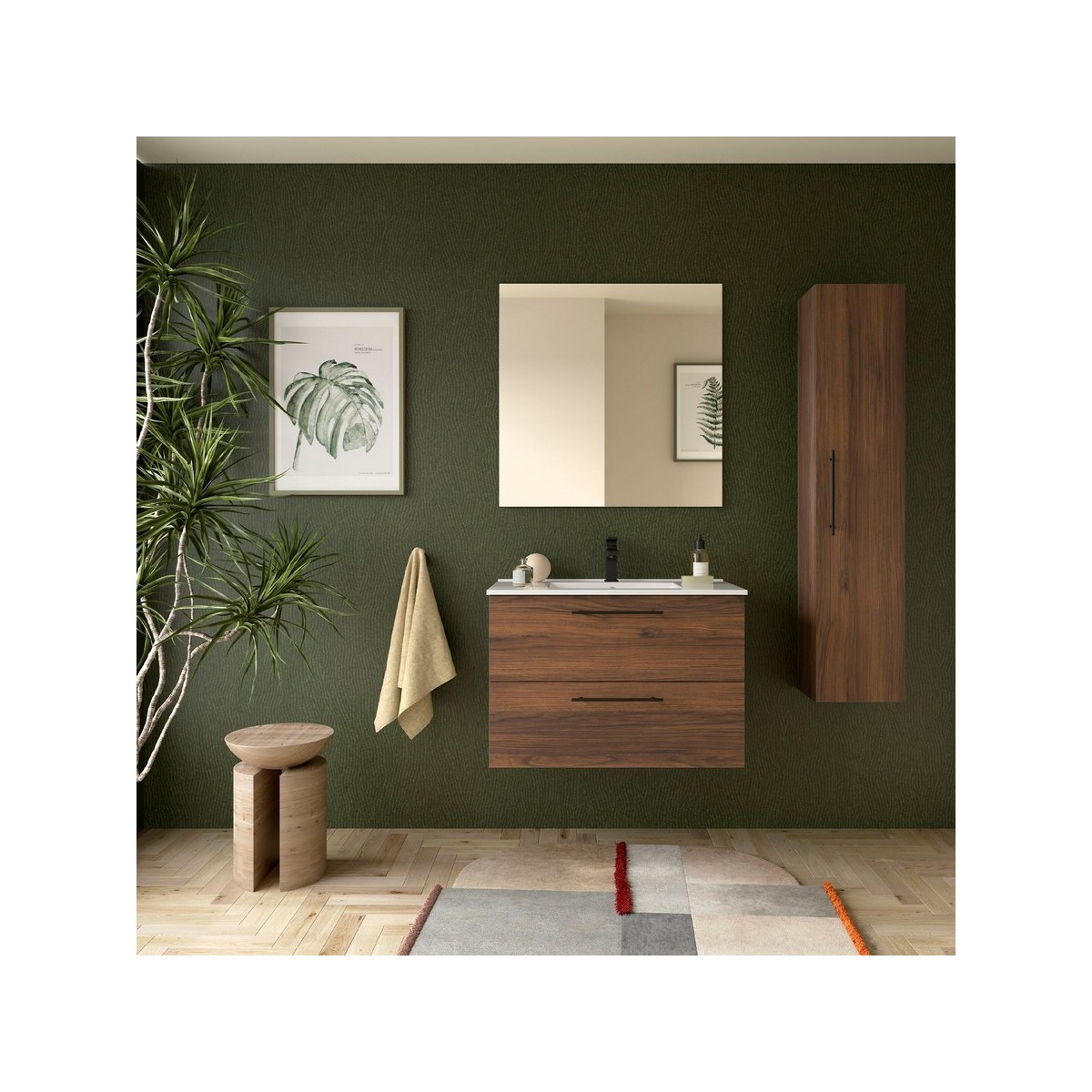 Ensemble Meuble Plan vasque et miroir SILANE 800 2 tiroirs Noyer Maya P450 - SALGAR 118031 