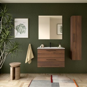 Ensemble Meuble Plan vasque et miroir SILANE 800 2 tiroirs Noyer Maya P450 - SALGAR 118031 