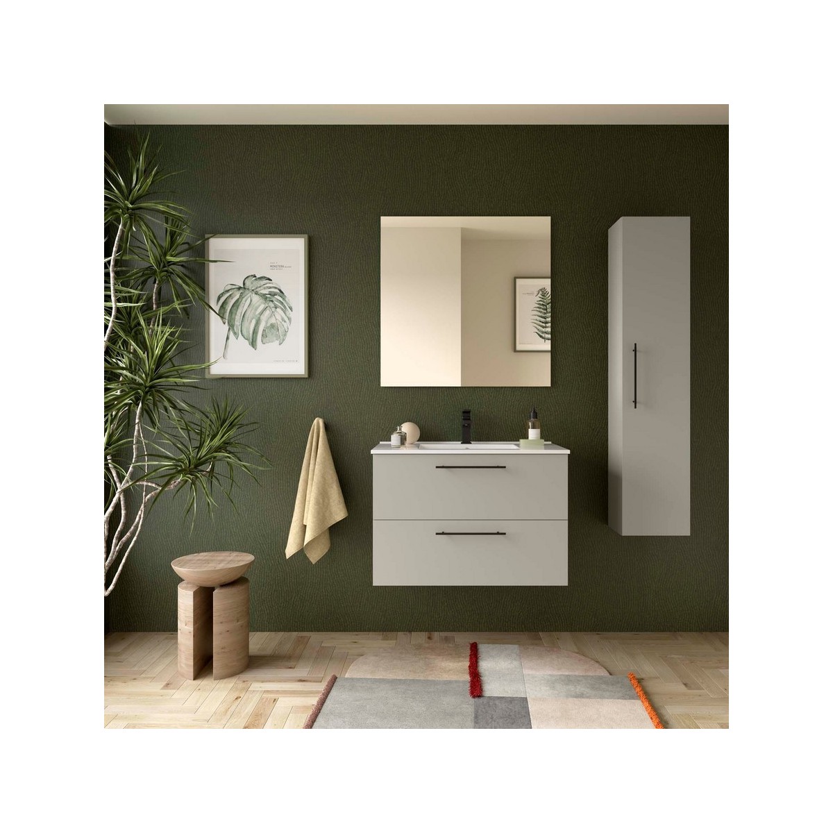 Ensemble Meuble Plan vasque et miroir SILANE 800 2 tiroirs Gris satiné P450 - SALGAR 118032 