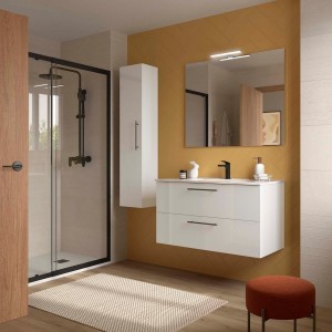 Ensemble Meuble Plan vasque et miroir SILANE 1000 2 tiroirs Blanc satiné P450 - SALGAR 118033 