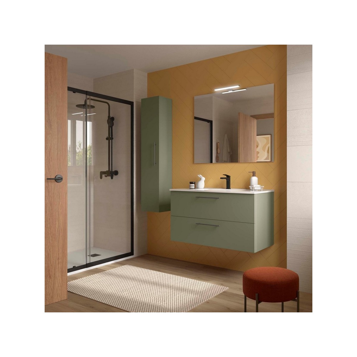 Ensemble Meuble Plan vasque et miroir SILANE 1000 2 tiroirs Green satin P450 - SALGAR 118034 