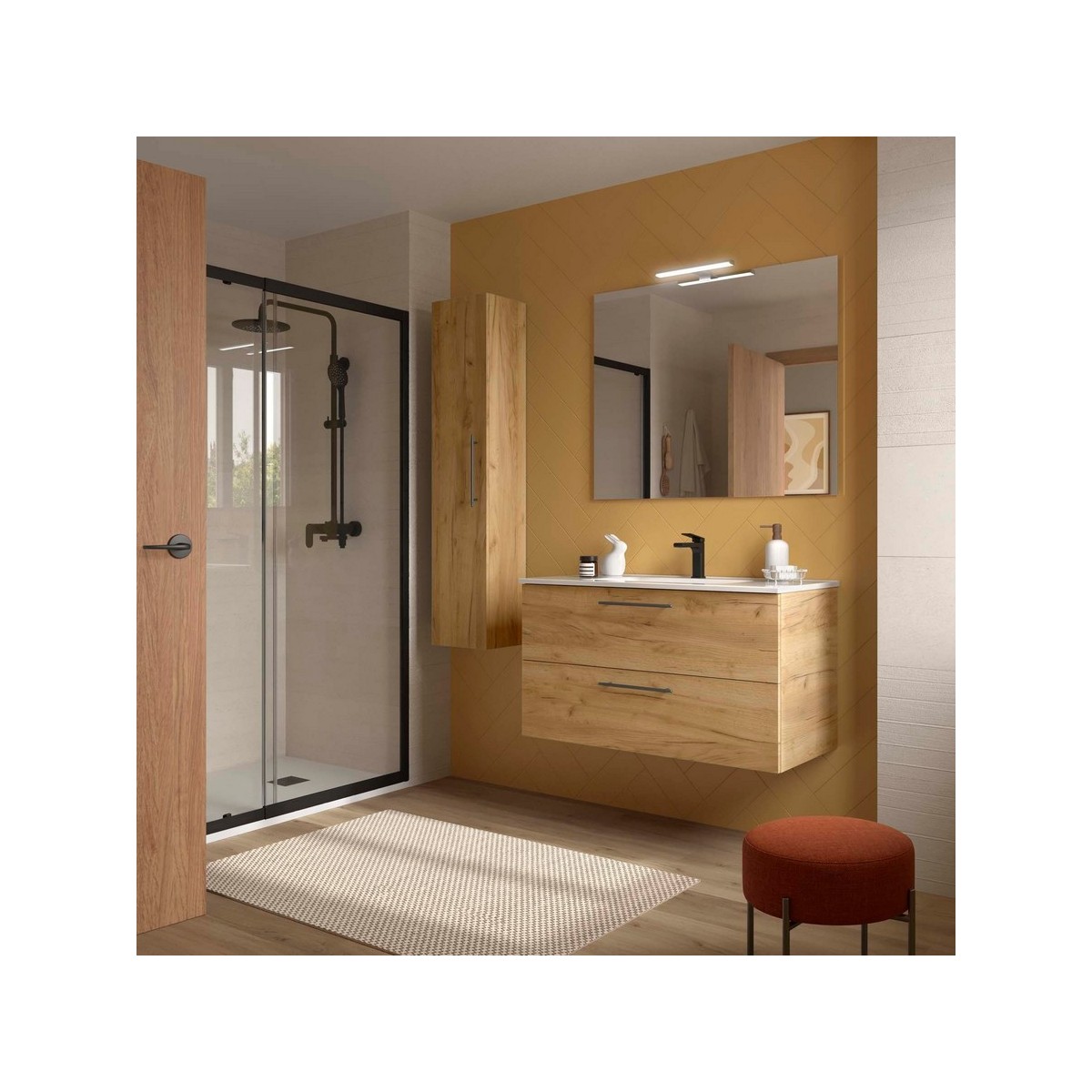 Ensemble Meuble Plan vasque et miroir SILANE 1000 2 tiroirs Chêne Africain P450 - SALGAR 118035 