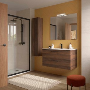 Ensemble Meuble Plan vasque et miroir SILANE 1000 2 tiroirs Noyer Maya P450 - SALGAR 118036 