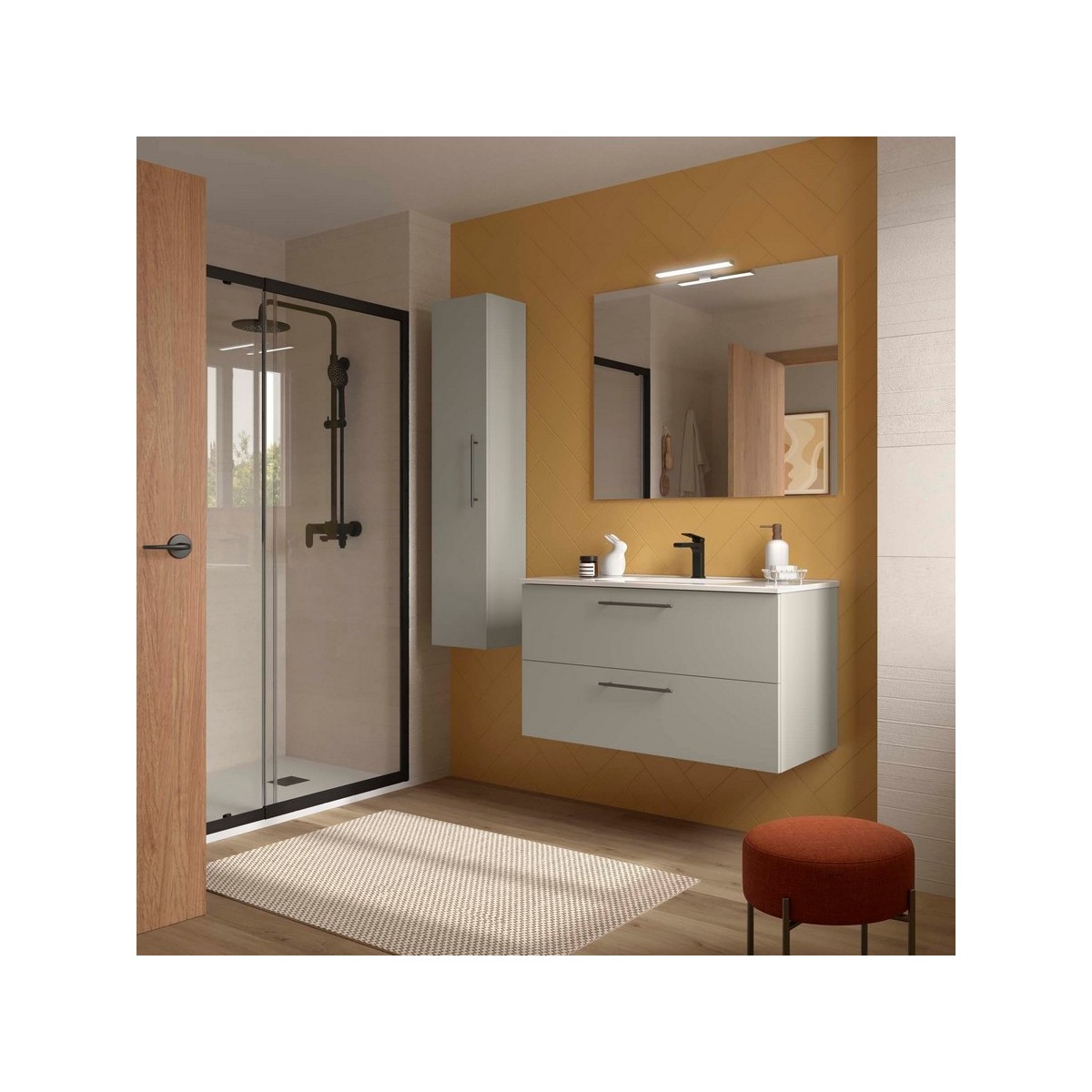 Ensemble Meuble Plan vasque et miroir SILANE 1000 2 tiroirs Gris satiné P450 - SALGAR 118037 