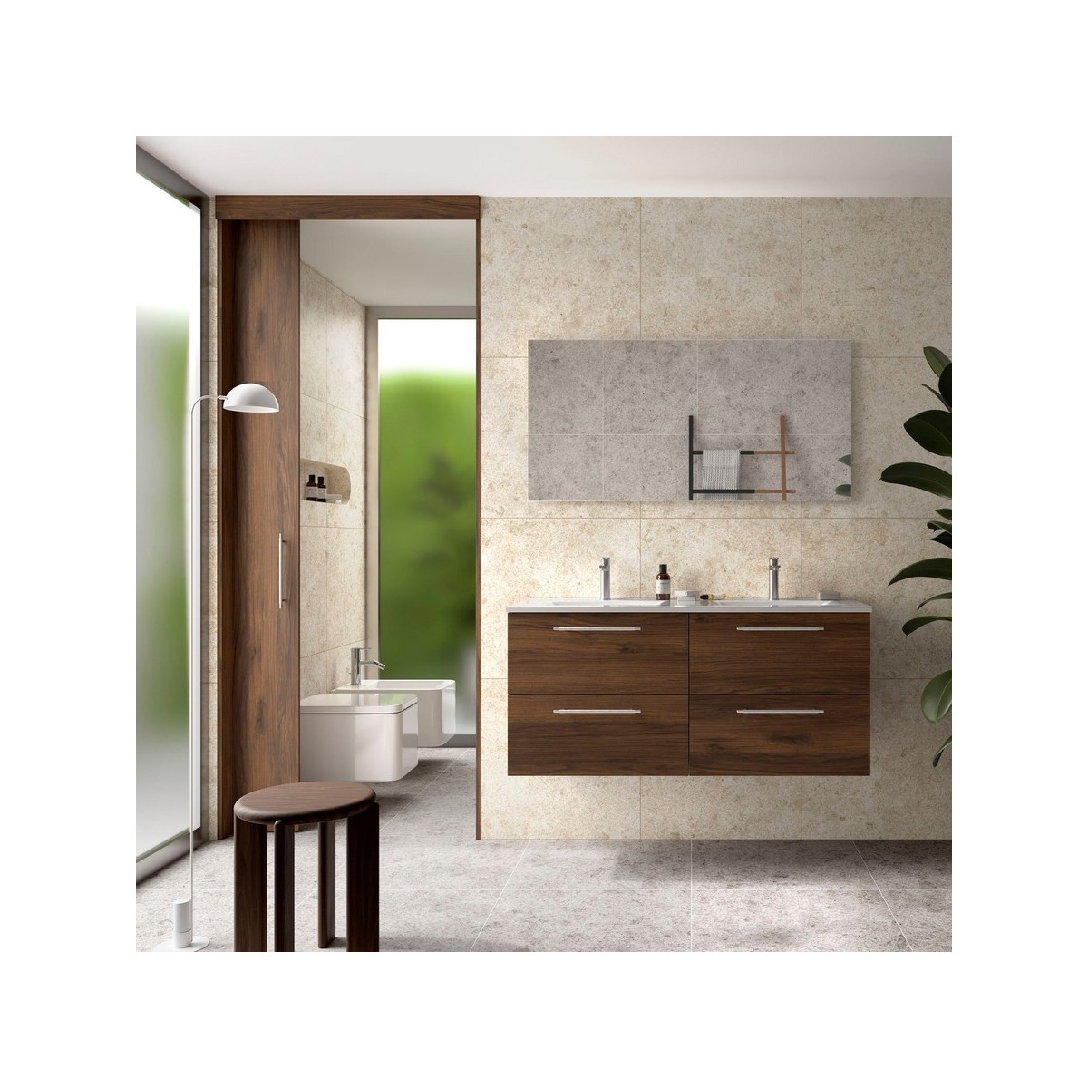 Ensemble Meuble Plan vasque et miroir SILANE 1200 4 tiroirs Noyer Maya P450 - SALGAR 118041 