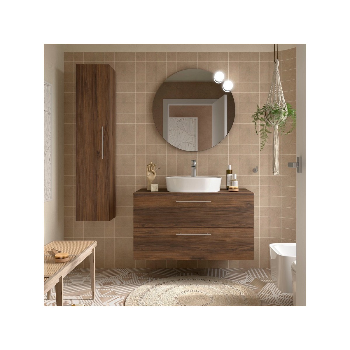 Ensemble Meuble de salle de bain et plan de toilette SILANE 1000 2 tiroirs Noyer Maya P450 - SALGAR 118081 