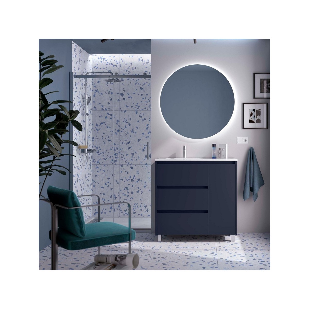 Ensemble meuble et vasque NOJA II 900 3T1P droite - vasque à gauche Blue satin P450 - SALGAR 118132 