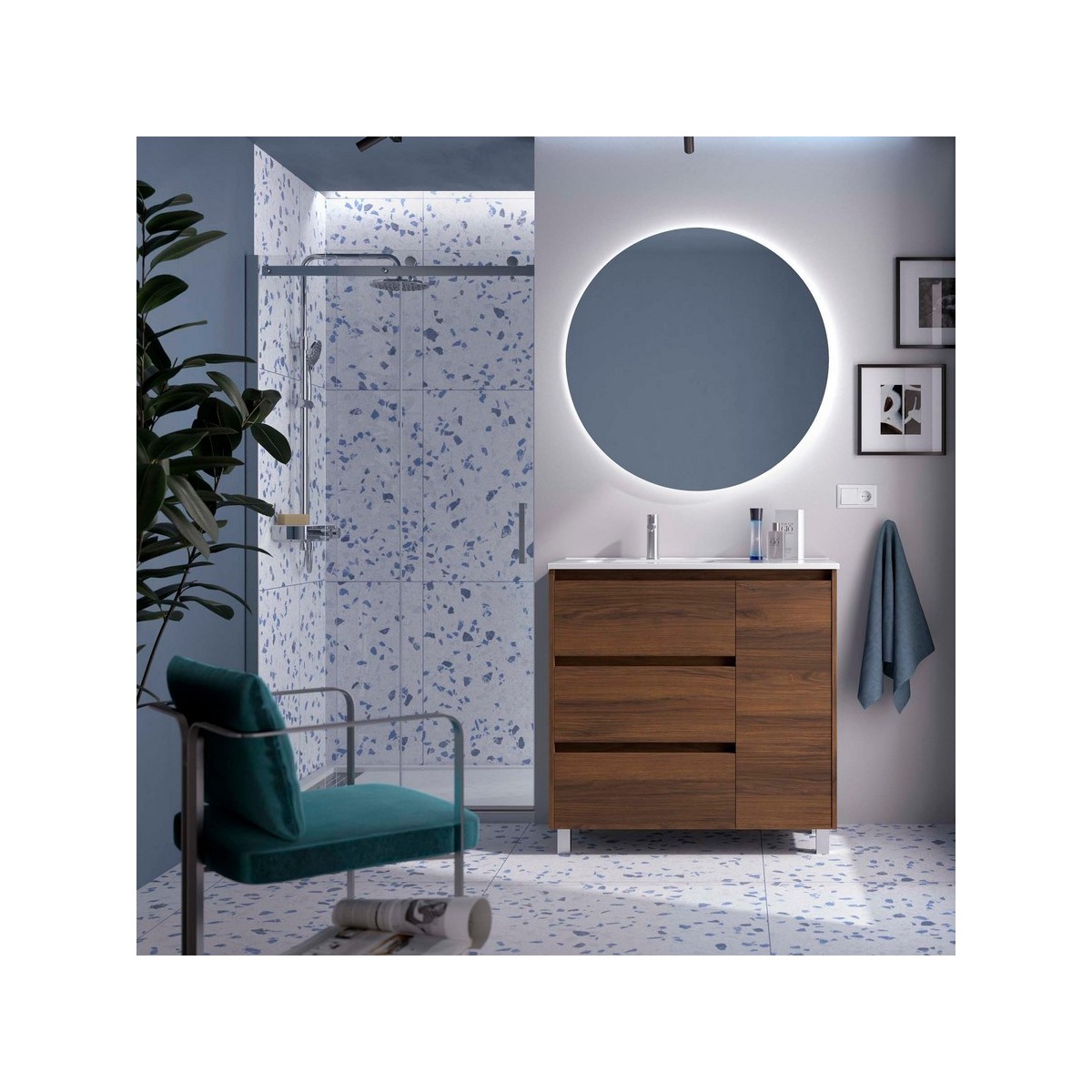 Ensemble meuble et vasque NOJA II 900 3T1P droite - vasque à gauche Noyer Maya P450 - SALGAR 118137 