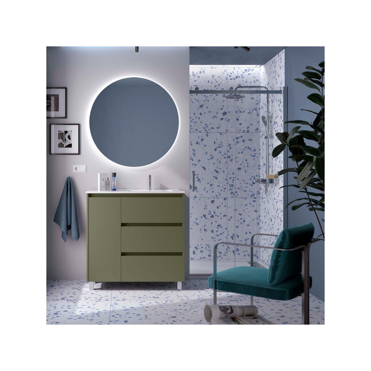 Ensemble meuble et vasque NOJA II 900 3T1P gauche - vasque à droite Green satin P450 - SALGAR 118143 