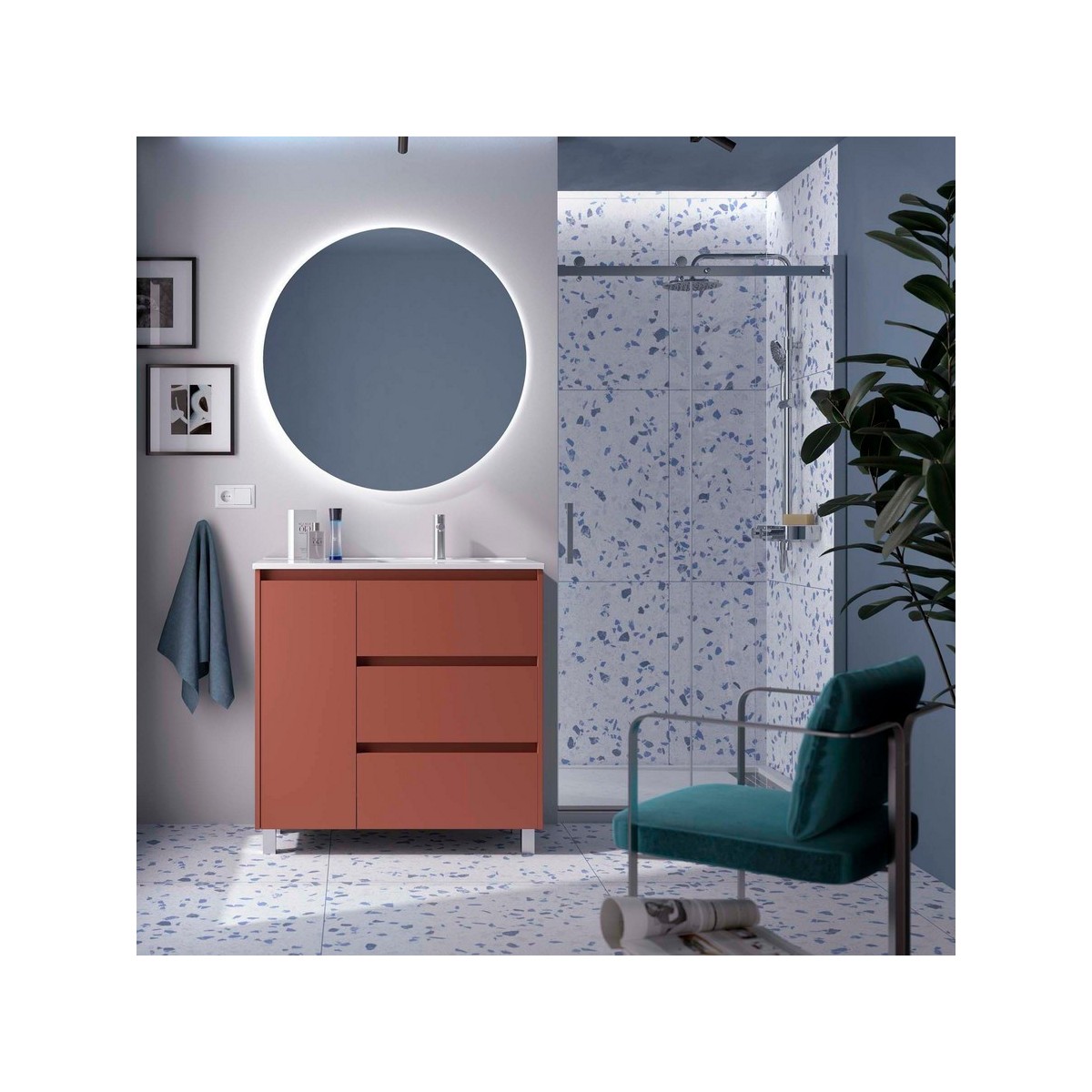 Ensemble meuble et vasque NOJA II 900 3T1P gauche - vasque à droite Red satin P450 - SALGAR 118144 