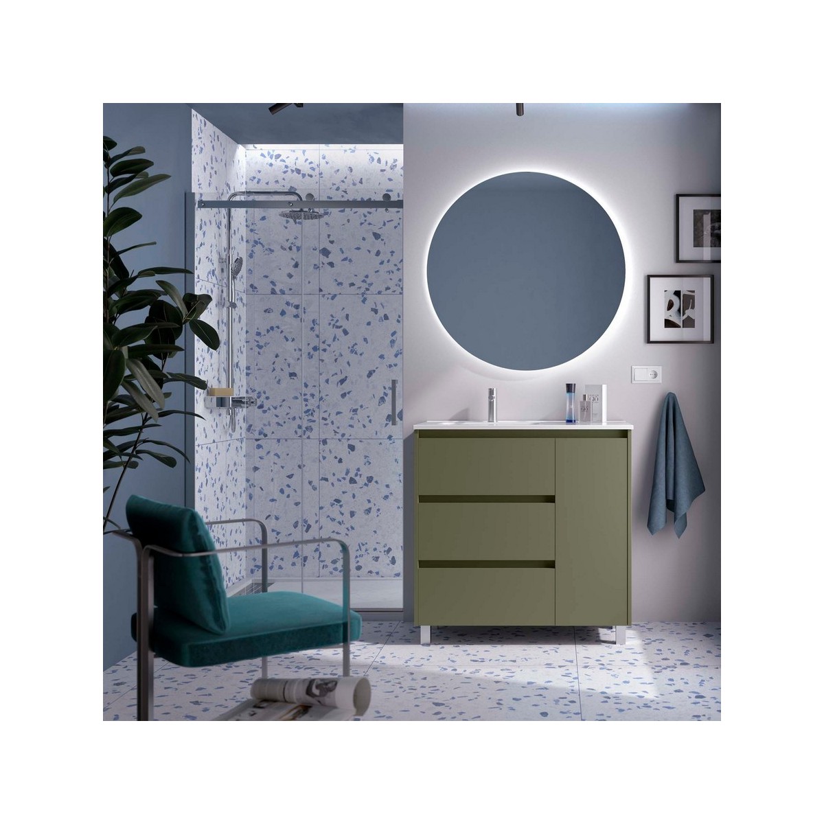 Ensemble Meuble Plan Vasque Miroir Applique NOJA II 900 3 tiroirs Green satin P450 - SALGAR 118369 