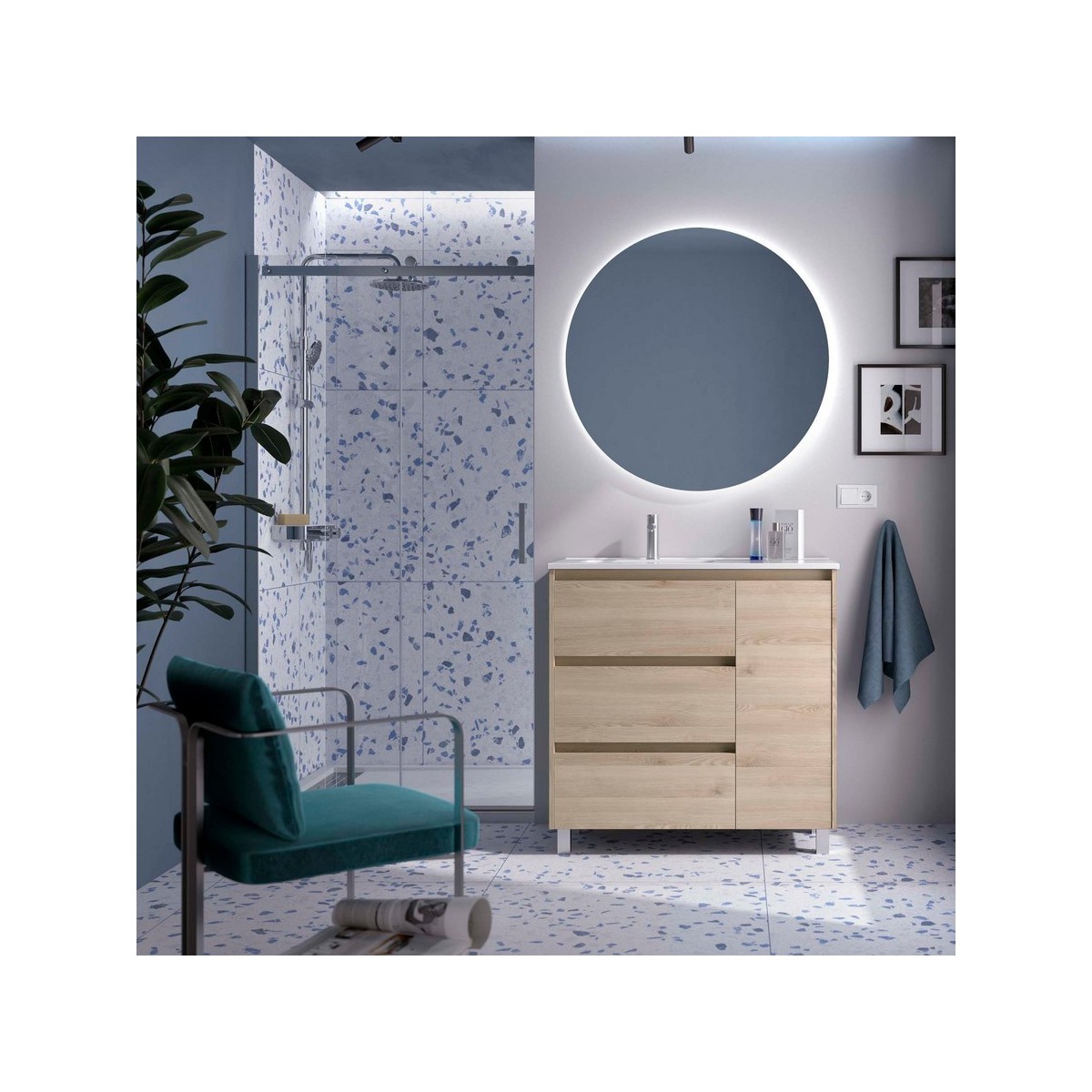 Ensemble Meuble Plan Vasque Miroir Applique NOJA II 900 3 tiroirs Chêne Naturel P450 - SALGAR 118371 