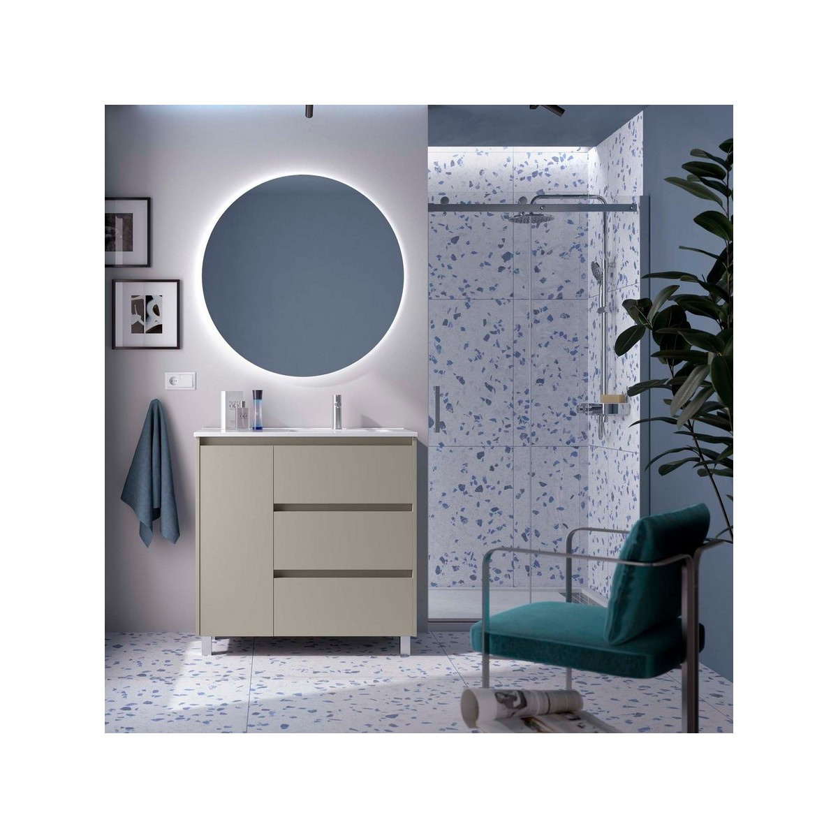 Ensemble Meuble Plan Vasque Miroir Applique NOJA II 900 3 tiroirs Gris satiné P450 - SALGAR 118384 