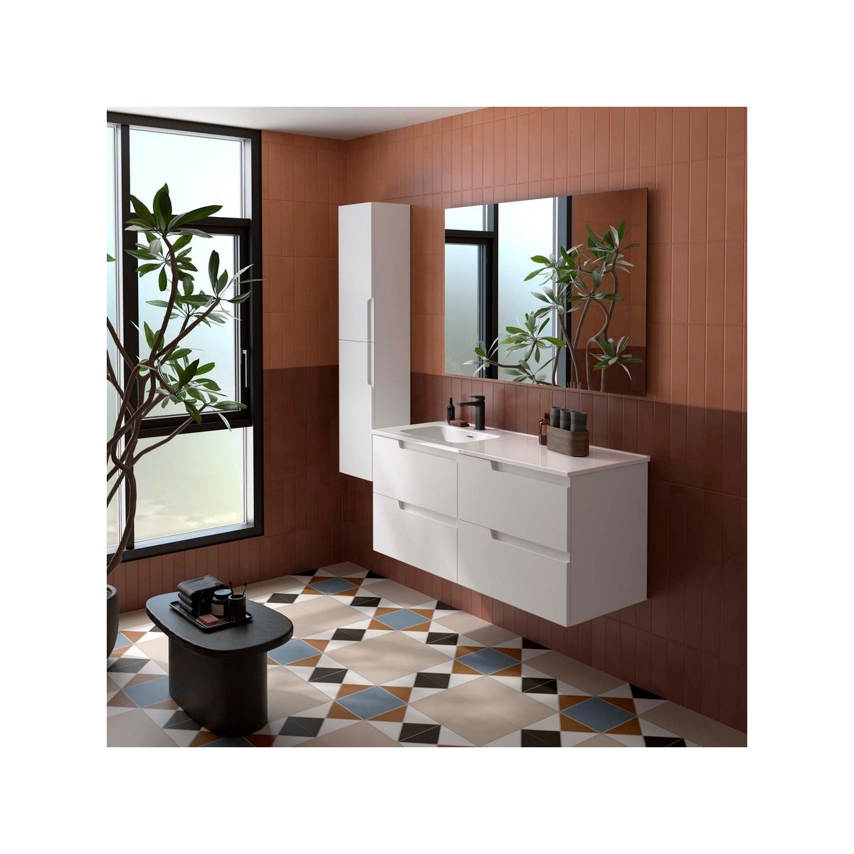 Ensemble Meuble Plan vasque et miroir VIMA 1200 4 tiroirs Blanc satiné P450 - SALGAR 118671 