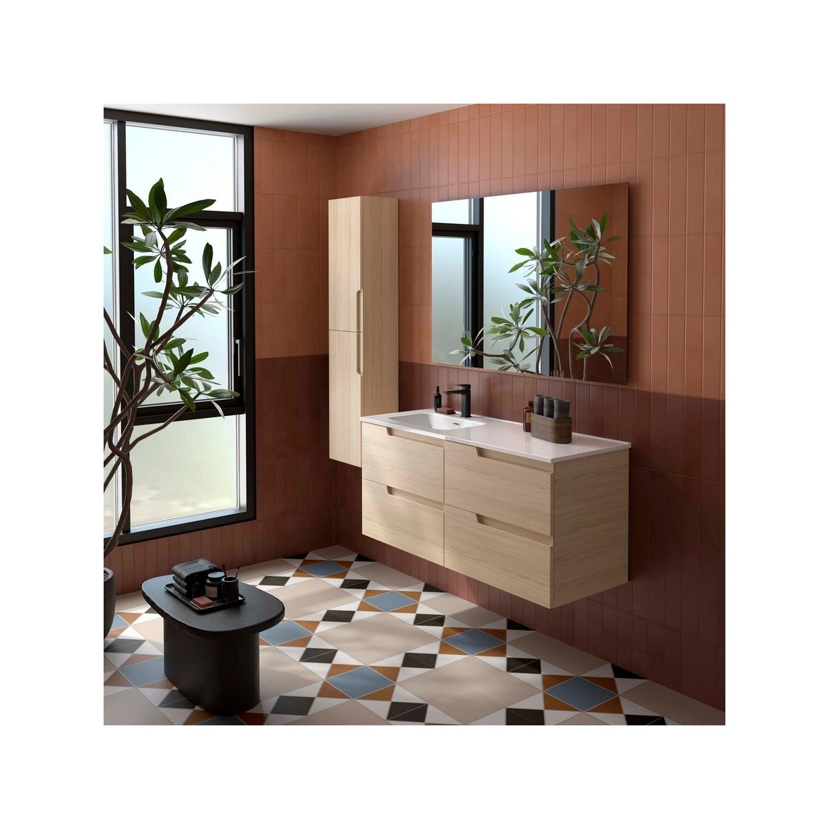 Ensemble Meuble Plan vasque et miroir VIMA 1200 4 tiroirs Chêne Sienna P450 - SALGAR 118673 