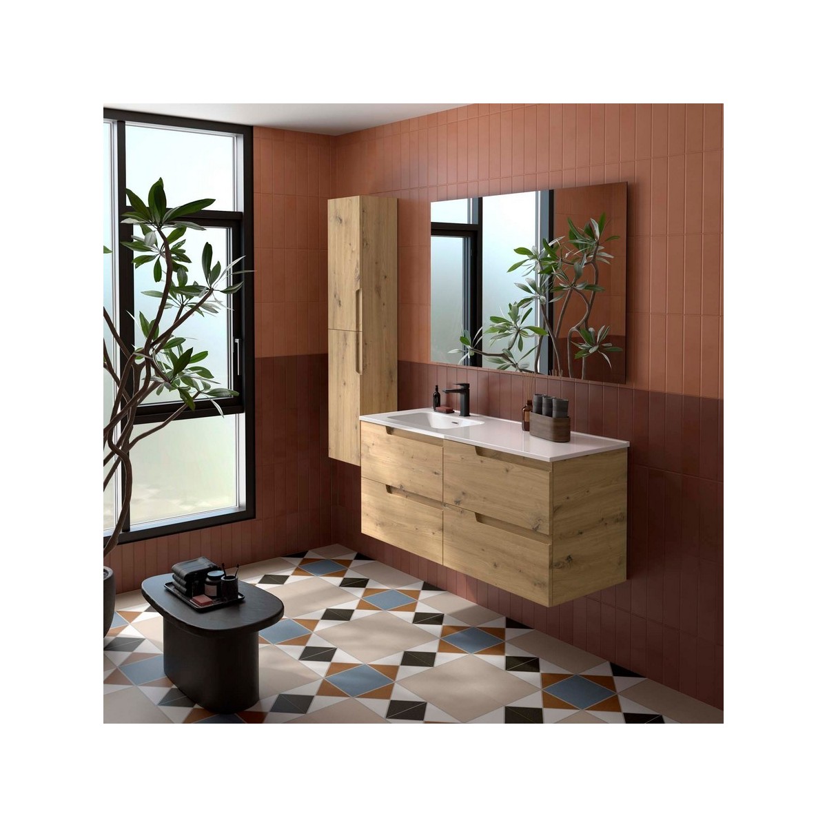 Ensemble Meuble Plan vasque et miroir VIMA 1200 4 tiroirs Chêne Montana P450 - SALGAR 118674 