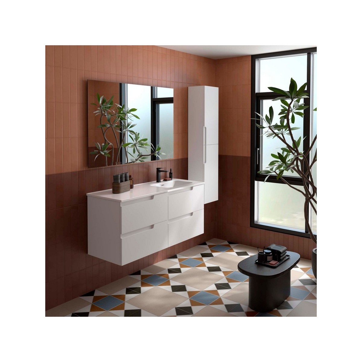 Ensemble Meuble Plan vasque et miroir VIMA 1200 4 tiroirs Blanc satiné P450 - SALGAR 118675 