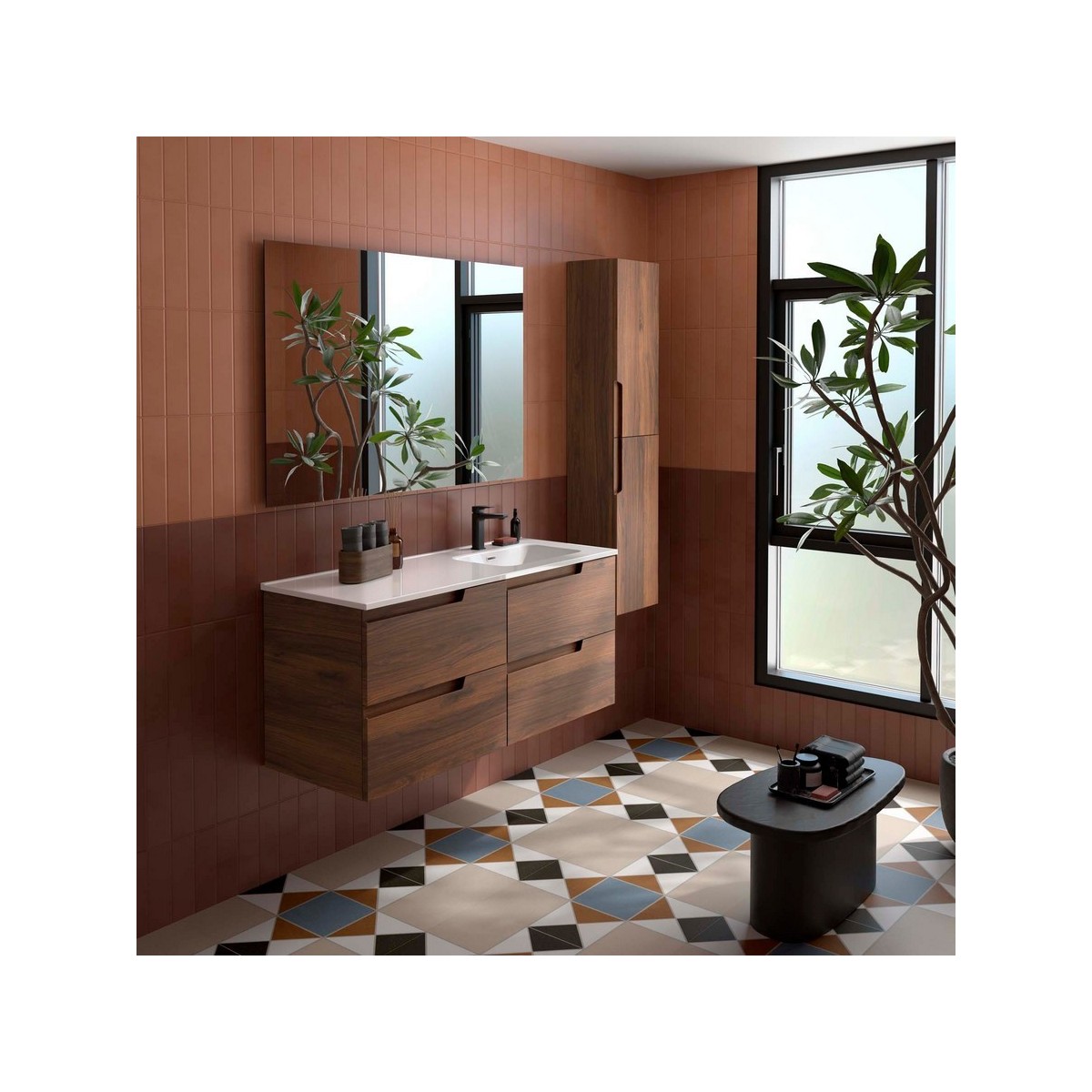 Ensemble Meuble Plan vasque et miroir VIMA 1200 4 tiroirs Noyer Maya P450 - SALGAR 118676 