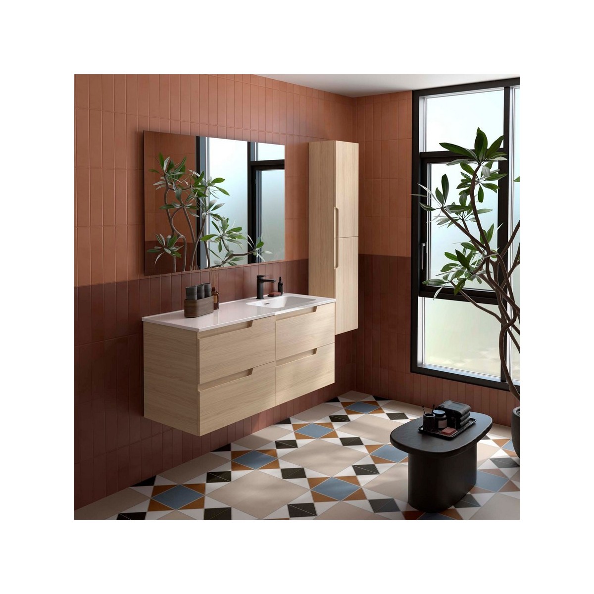 Ensemble Meuble Plan vasque et miroir VIMA 1200 4 tiroirs Chêne Sienna P450 - SALGAR 118677 