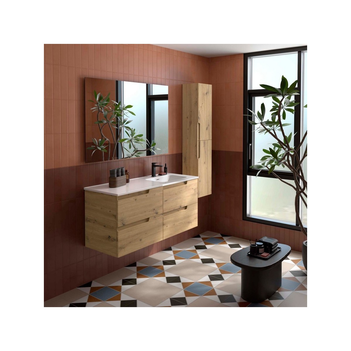 Ensemble Meuble Plan vasque et miroir VIMA 1200 4 tiroirs Chêne Montana P450 - SALGAR 118678 