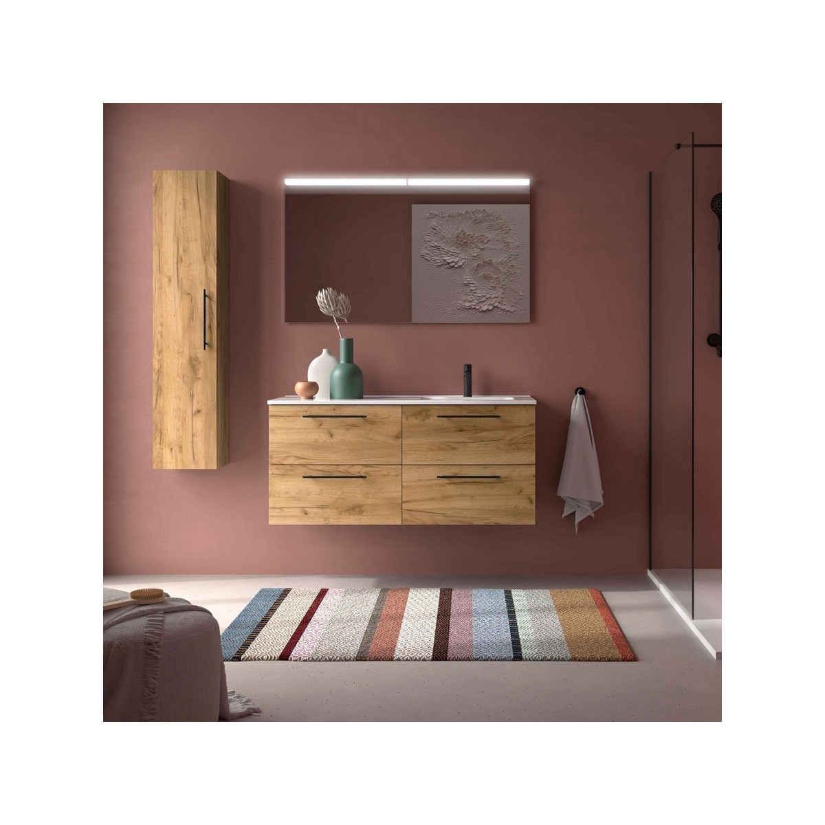Ensemble Meuble Plan vasque et miroir SILANE 1200 4 tiroirs Chêne Africain P450 - SALGAR 118739 