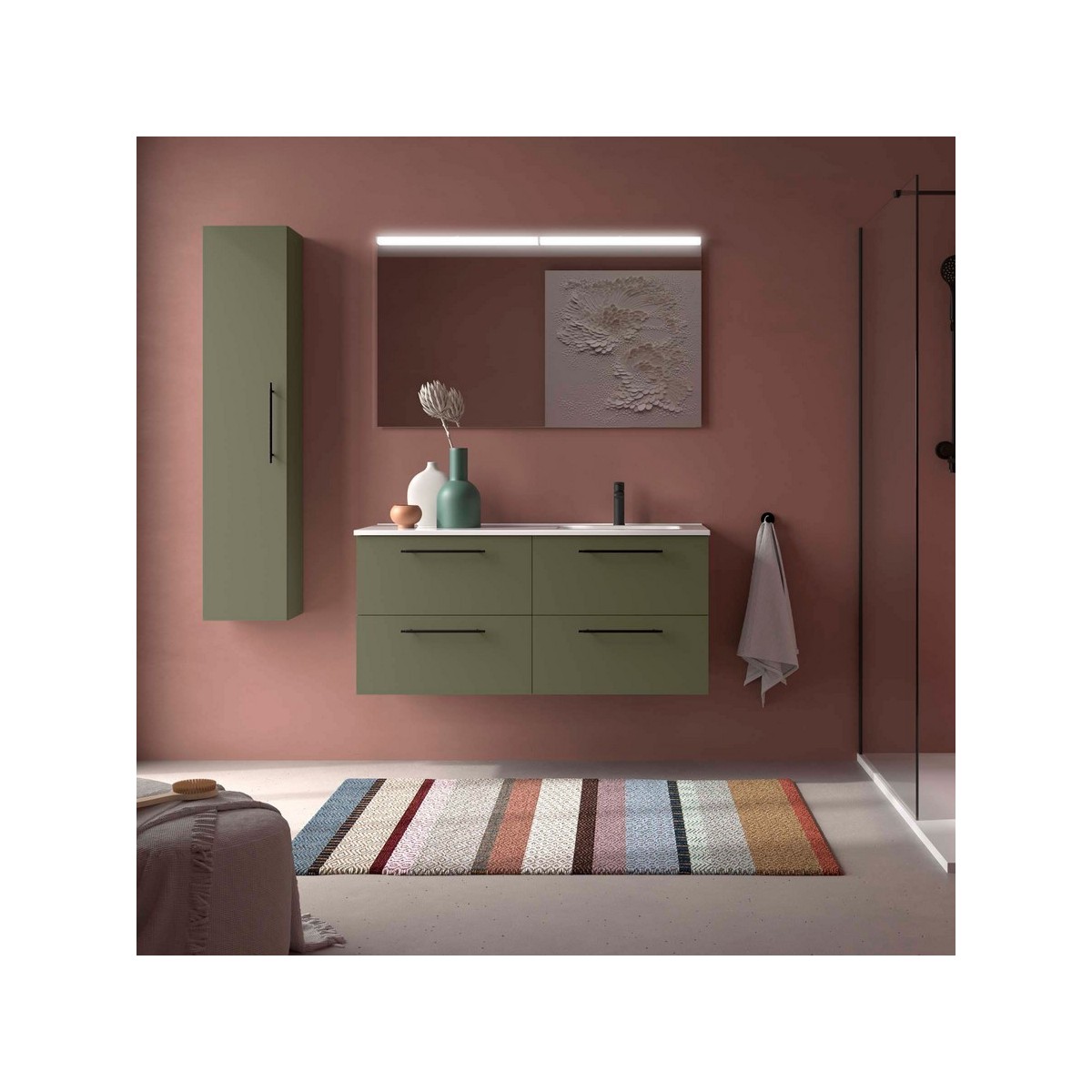 Ensemble Meuble Plan vasque et miroir SILANE 1200 4 tiroirs Green satin P450 - SALGAR 118743 