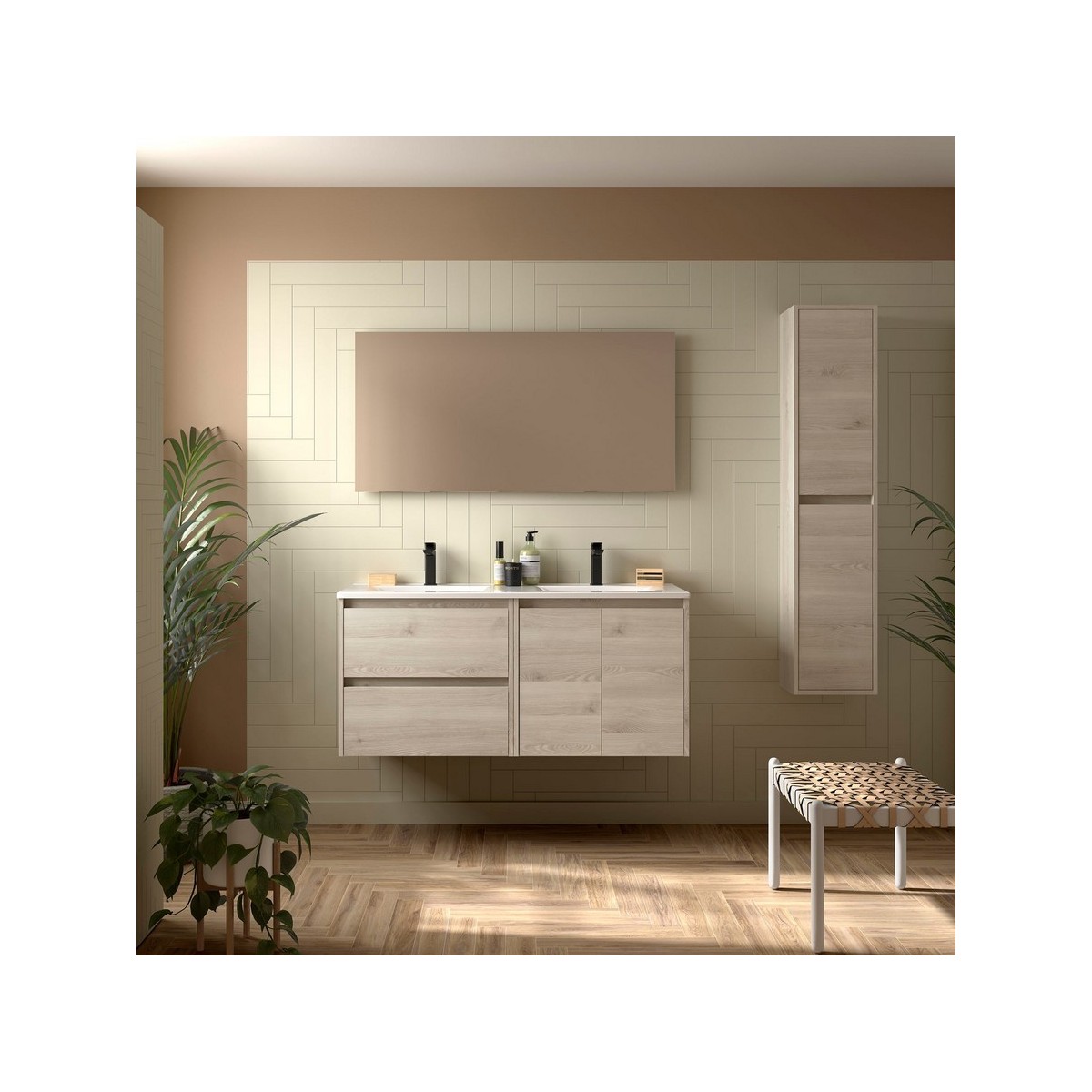 Ensemble Meuble Plan Vasque Miroir Applique NOJA II 1200 2 tiroirs 2 portes Chêne Naturel P450 - SALGAR 119251 