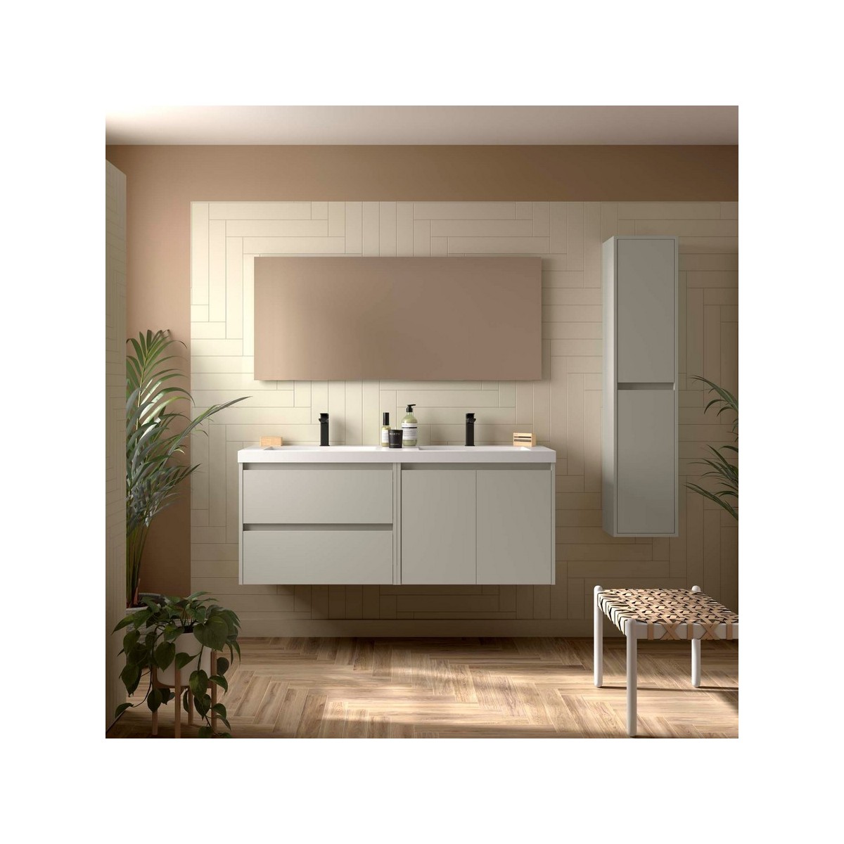 Ensemble Meuble Plan Vasque Miroir Applique NOJA II 1200 2 tiroirs 2 portes Gris satiné P450 - SALGAR 119254 