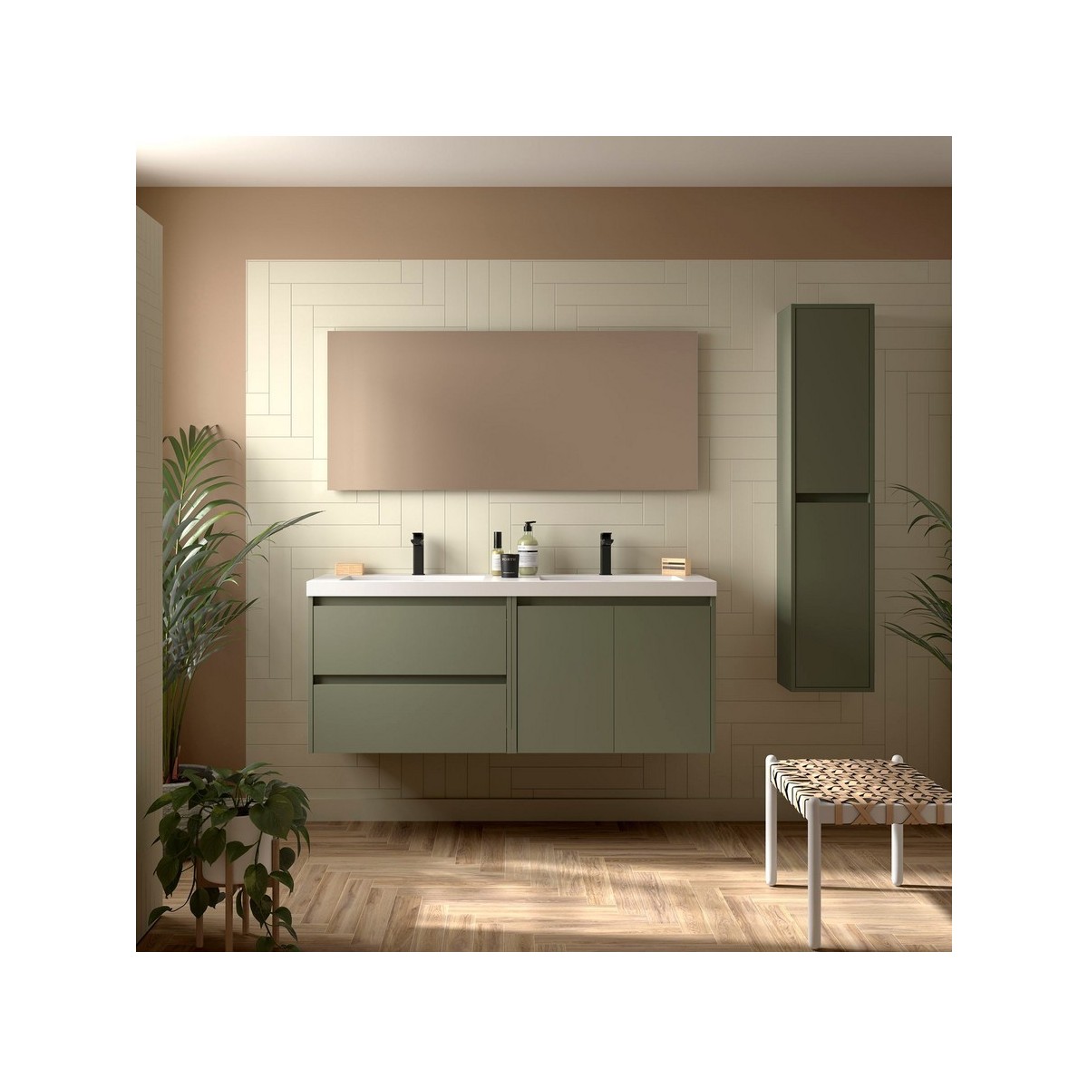 Ensemble Meuble Plan Vasque Miroir Applique NOJA II 1400 2 tiroirs 2 portes Green satin P450 - SALGAR 119259 