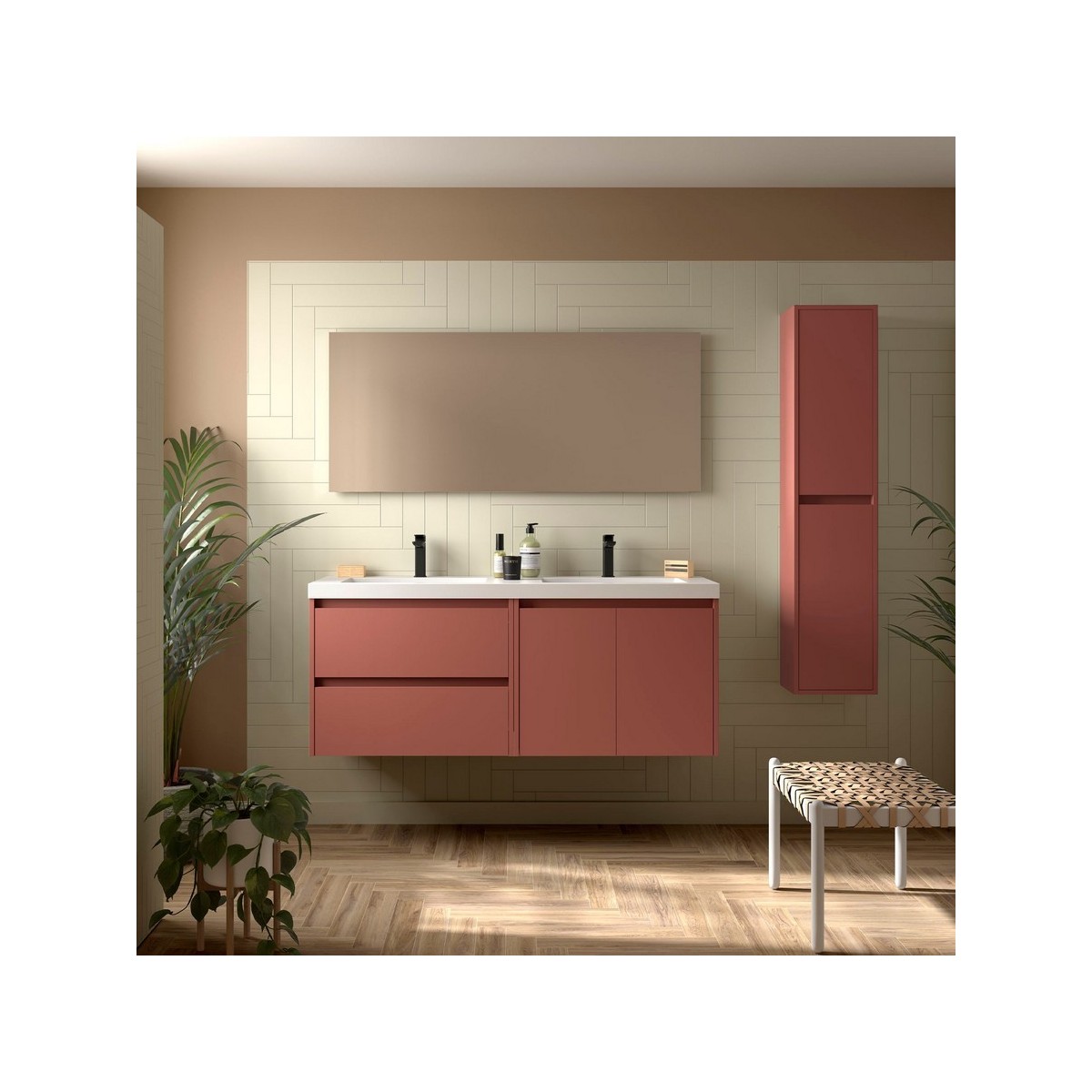 Ensemble Meuble Plan Vasque Miroir Applique NOJA II 1400 2 tiroirs 2 portes Red satin P450 - SALGAR 119260 