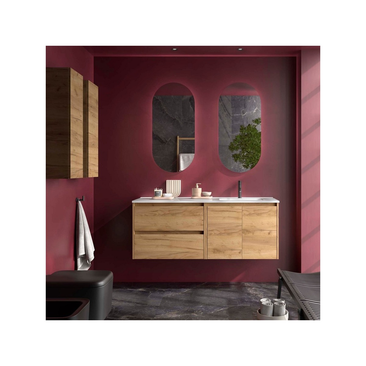 Ensemble Meuble Plan Vasque Miroir Applique NOJA II 1200 2 tiroirs 2 portes Chêne Africain P450 - SALGAR 119732 