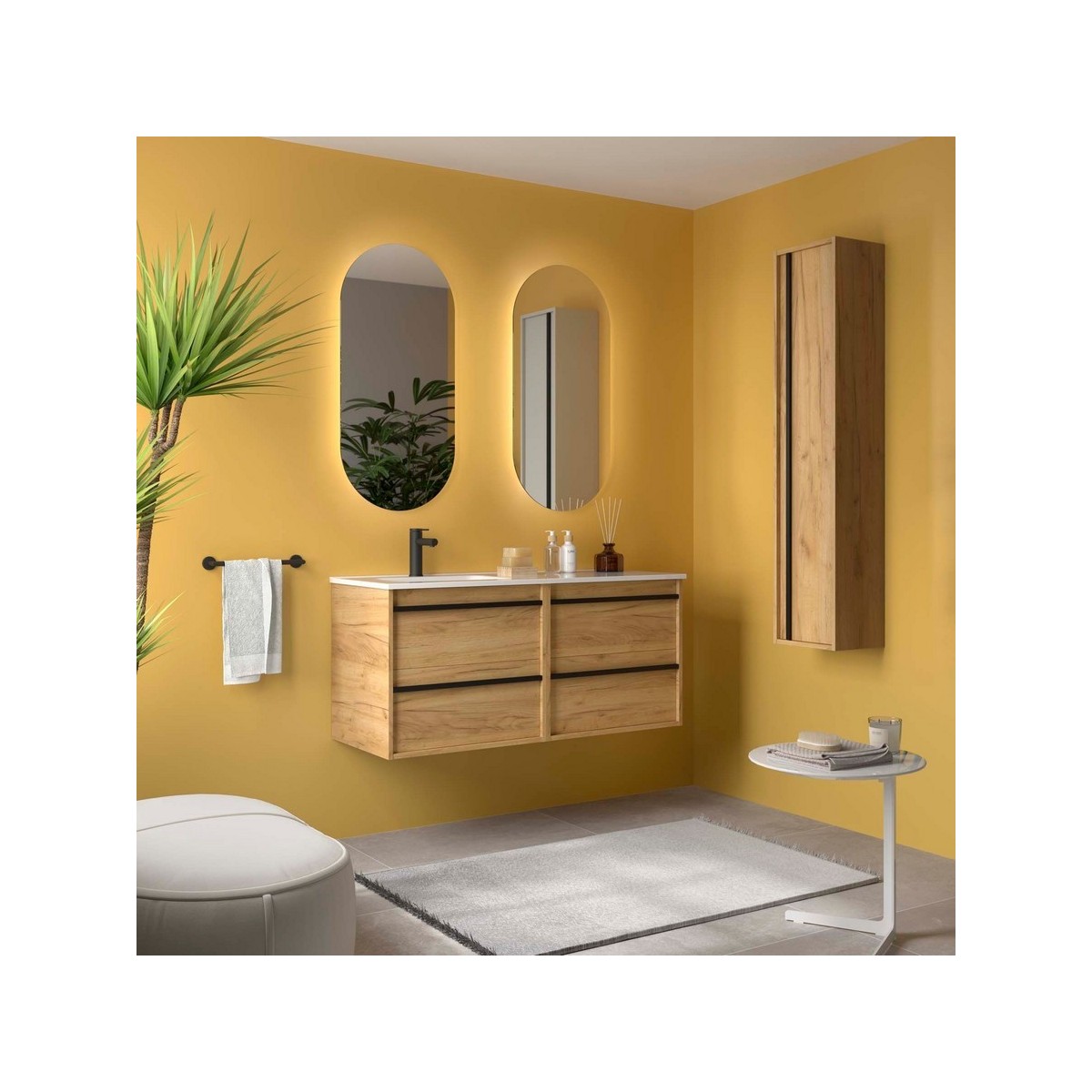 Ensemble Meuble Plan Vasque Miroir Applique ATTILA 1200 4 tiroirs Chêne Africain P450 - SALGAR 119838 