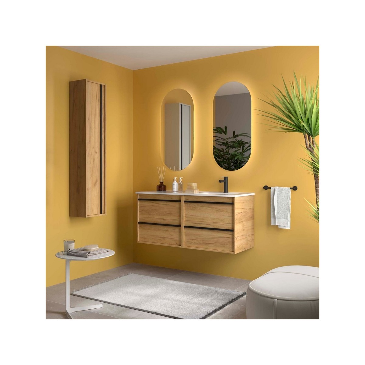 Ensemble Meuble Plan Vasque Miroir Applique ATTILA 1200 4 tiroirs Chêne Africain P450 - SALGAR 119847 